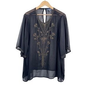 Anthropologie ModCloth Black Beaded‎ Sheer Blouse Plus Size 3X artsy lagen look